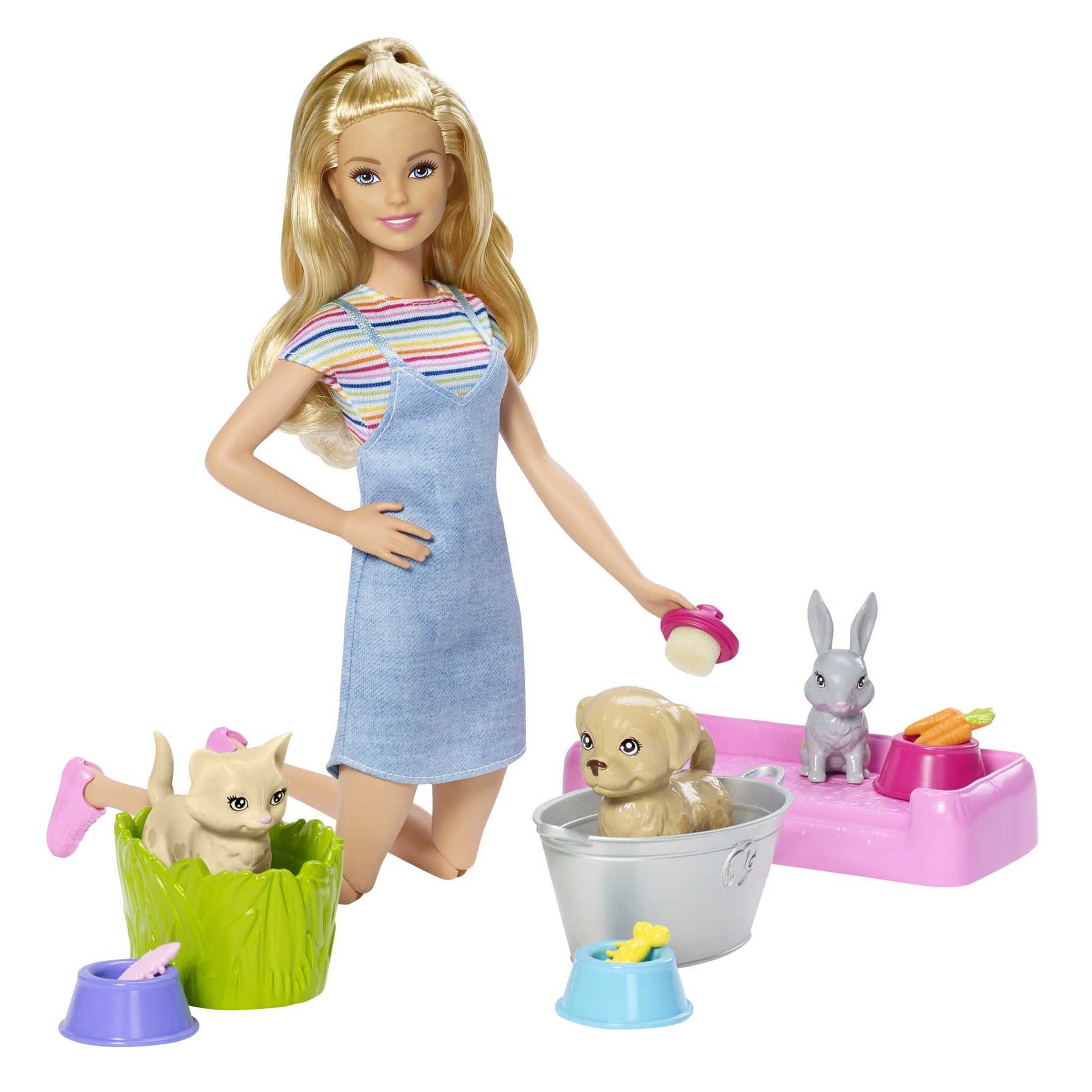 Barbie Play 'n Wash Pets Playset with Blonde Doll, 3 Color-Change Animals & 10 Accessories