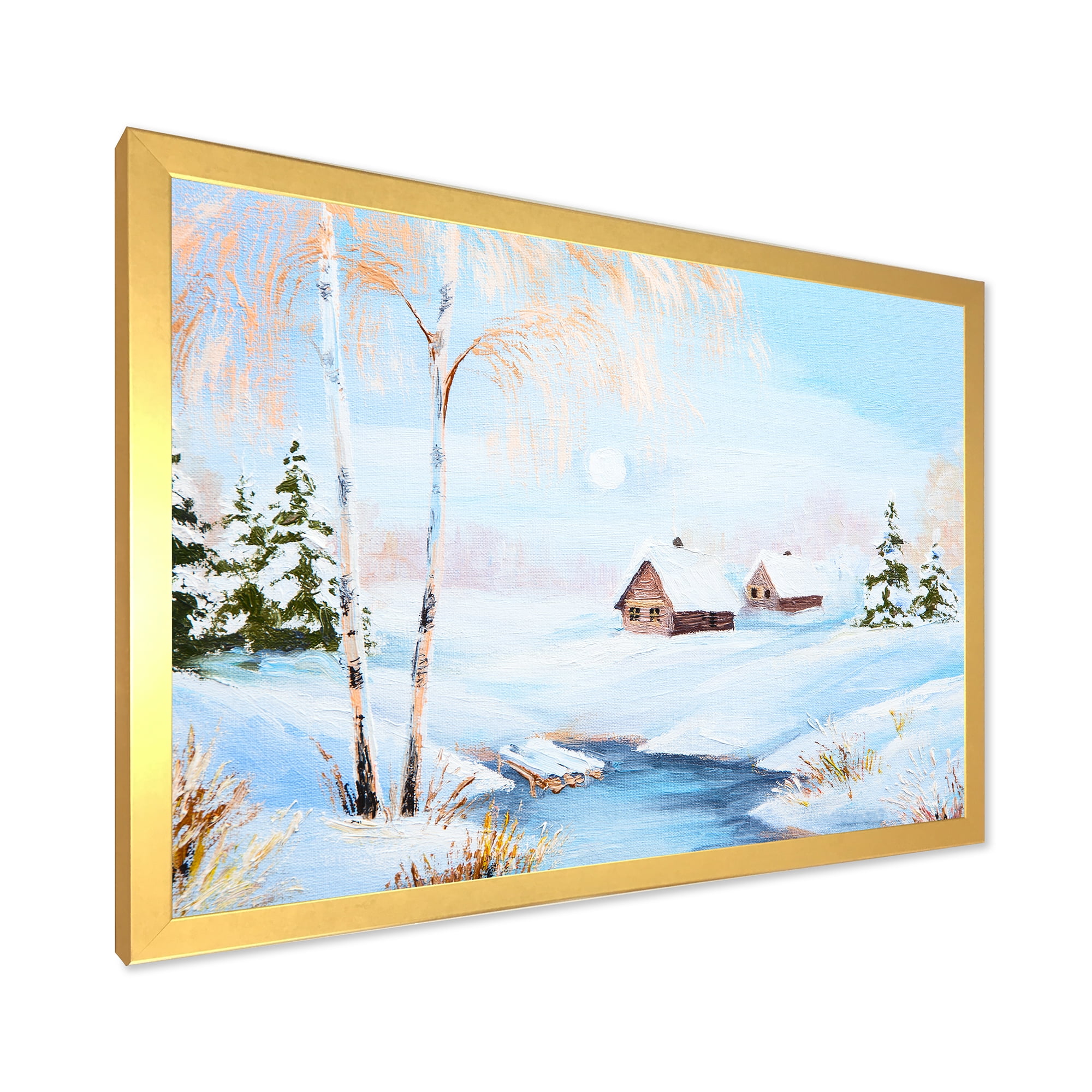 Designart 'Frozen River In The Forest Winter Landscape' Lake House Framed Art Print