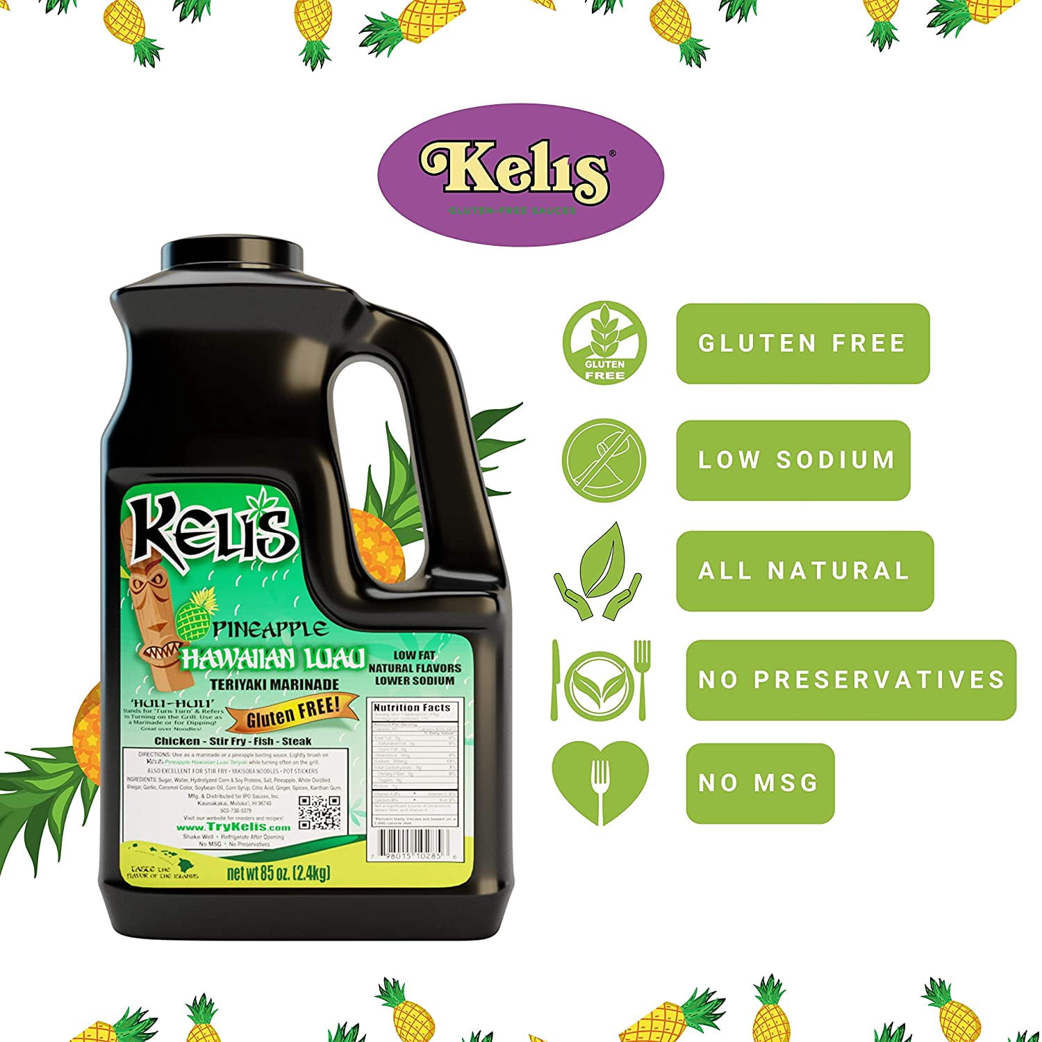 Keli's Pineapple Hawaiian Luau Teriyaki, Gourmet Pineapple Teriyaki Marinade and Huli Huli Basting Sauce. Healthy Teriyaki Sauce Low Sodium & Gluten Free - Made With Gluten Free Soy Sauce (85oz)
