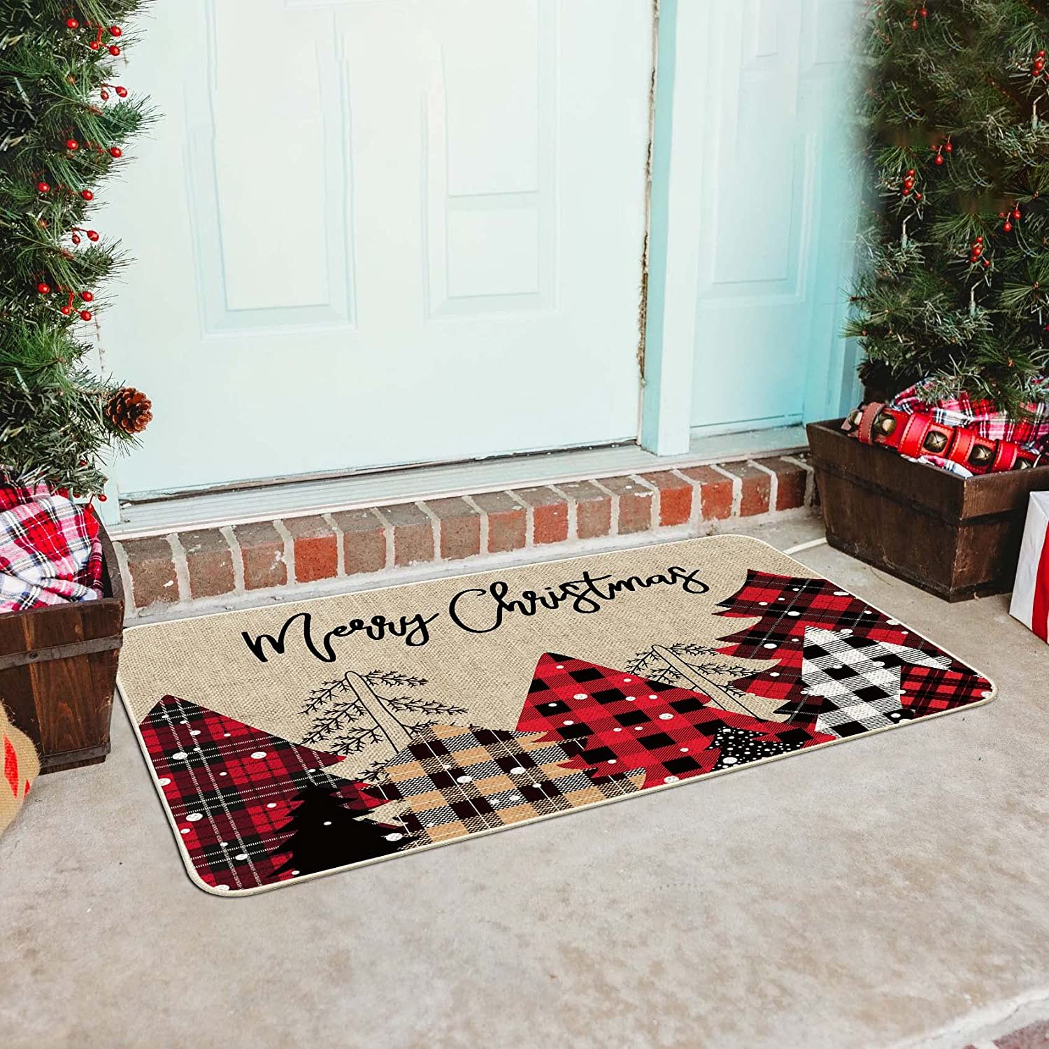 JOOCAR Christmas Mat, Blue Winter Snow Night Fawn Merry Christmas Tree  Christmas Mat for Home Kitchen Starter Home Front Door Welcome Indoor  Outdoor Decorative Mat Door Mat 