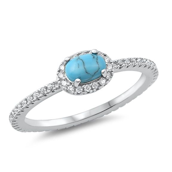 Clear CZ Simulated Turquoise Sideways Halo Oval Band Sterling Silver Ring White Female Size 6