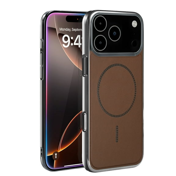 Compatible with iPhone 17 Pro Max Case, Compatible with MagSafe, Fashionable Ultra Slim PU Leather Glossy Frame Hard PC Magnetic Shockproof Protective Phone Case for iPhone 17 Pro Max, Brown