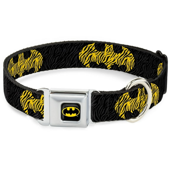 DC Comics Pet Collar, Dog Collar Metal Seatbelt Buckle, Zebra Bat Signal Black Gray Yellow Black, 20 to 31 Inches 1.5 Inch Wide