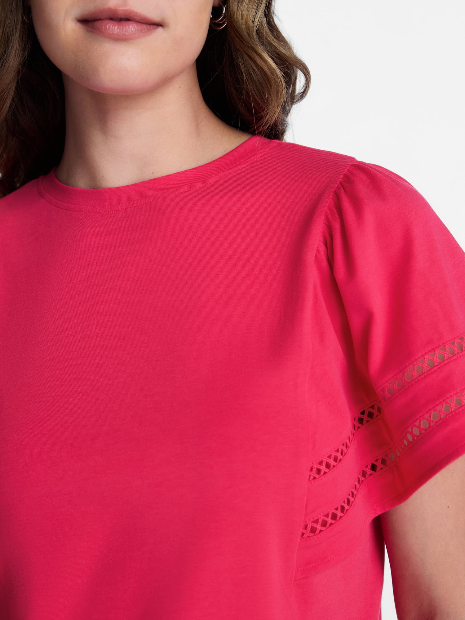 Time and Tru Women’s Crewneck Top with Lace Inset Flounce Sleeves, Sizes XS-XXXL