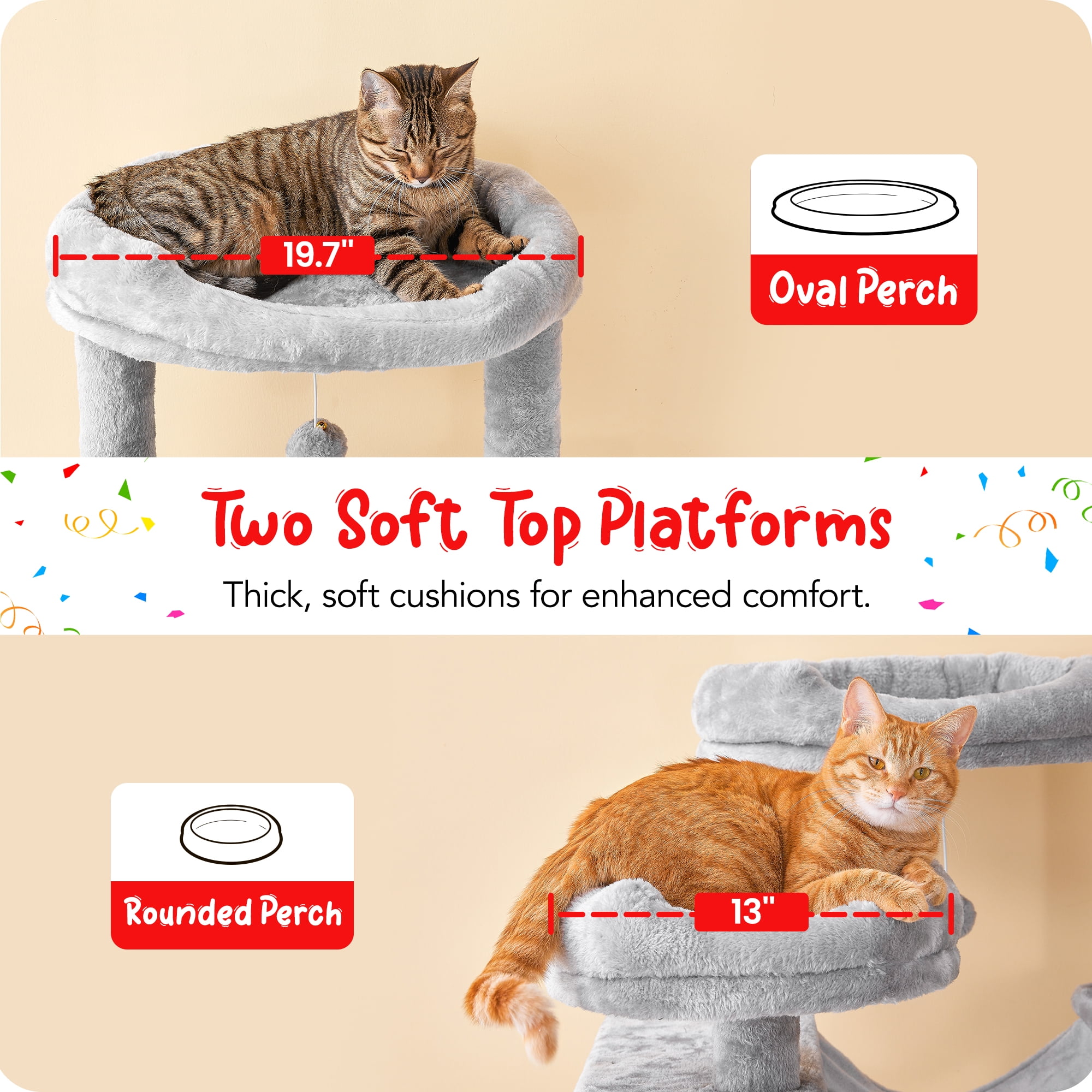 Furcato 77-Inch Cat Tree for Indoor Cats, Multi-Level Large Cat Tower with 4 Hammocks, 2 Padded Perches, Large Cat Condo, Light Gray