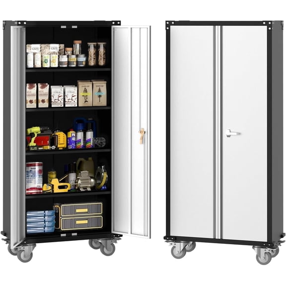Metal Storage Cabinet 72" H with Wheels, Steel Tool Cabinet with Lock and 4 Adjustable Shelves and Lockable Rolling,Storage Organization for Home,Garage,Office