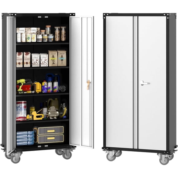 Metal Storage Cabinet 72" H with Wheels, Steel Tool Cabinet with Lock and 4 Adjustable Shelves and Lockable Rolling,Storage Organization for Home,Garage,Office