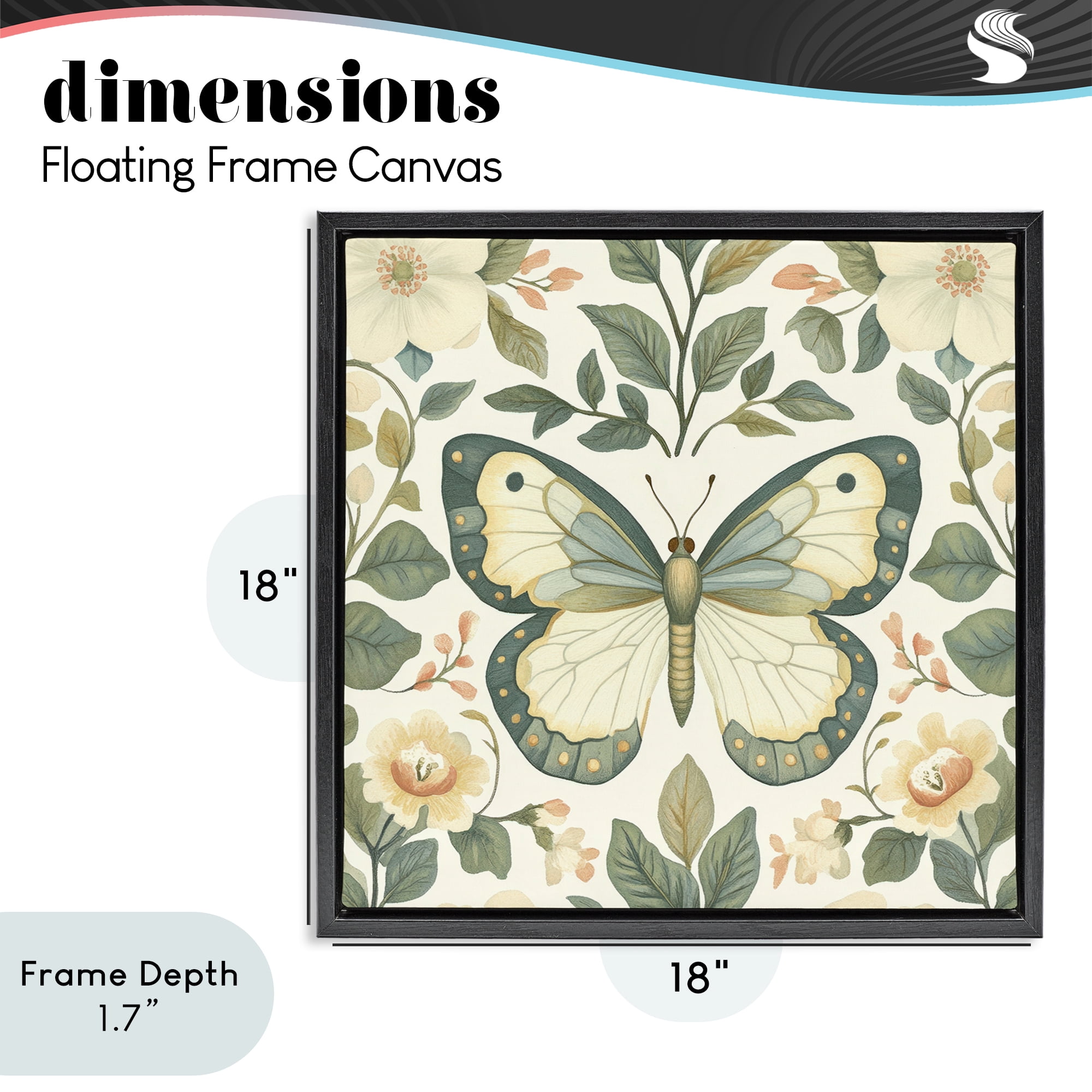 Stupell Industries Sage Butterfly and Florals Black Framed Floater Canvas Wall Art, design by Petal Prints Design