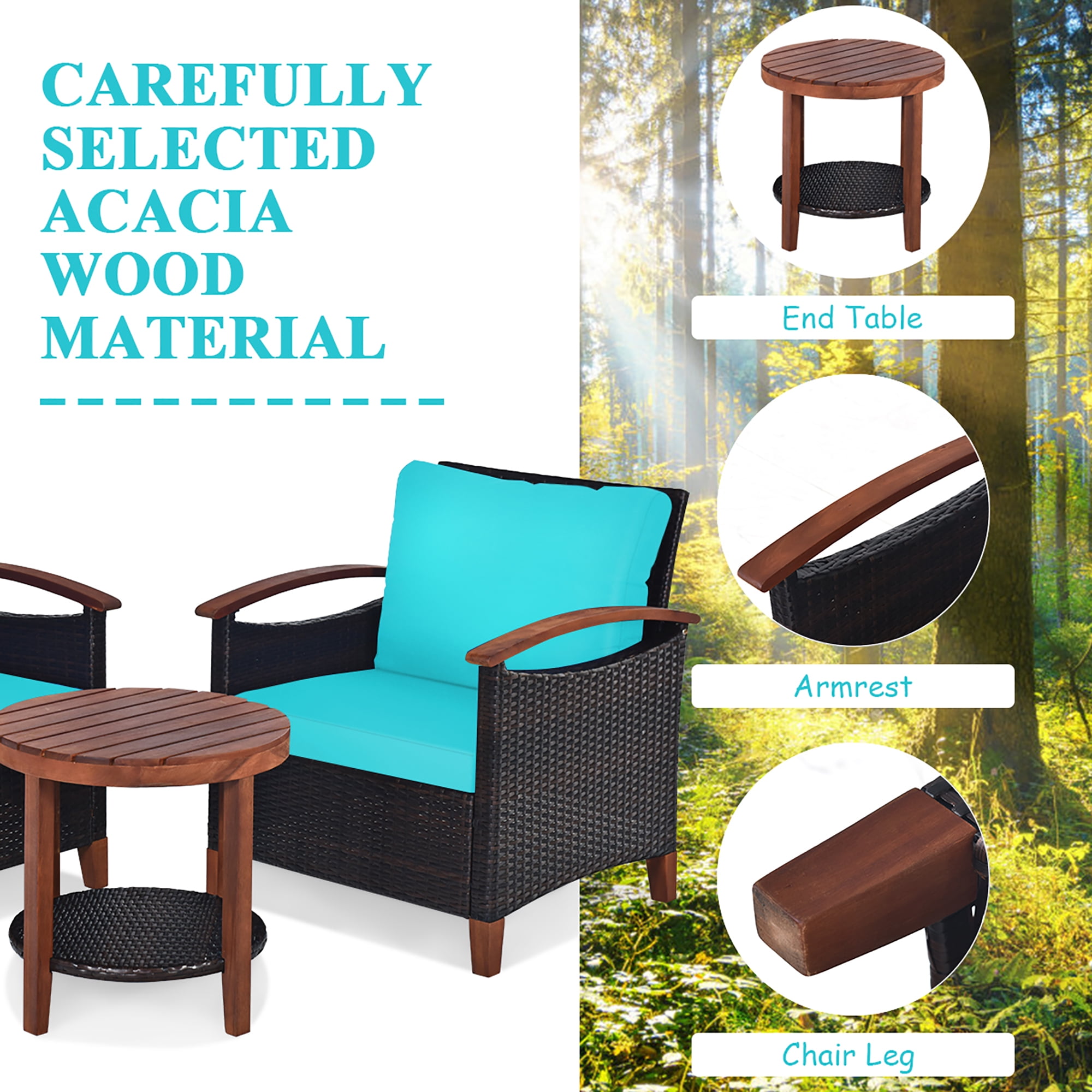 Costway 3PCS Patio Rattan Furniture Set Wooden Frame Cushion Table Shelf