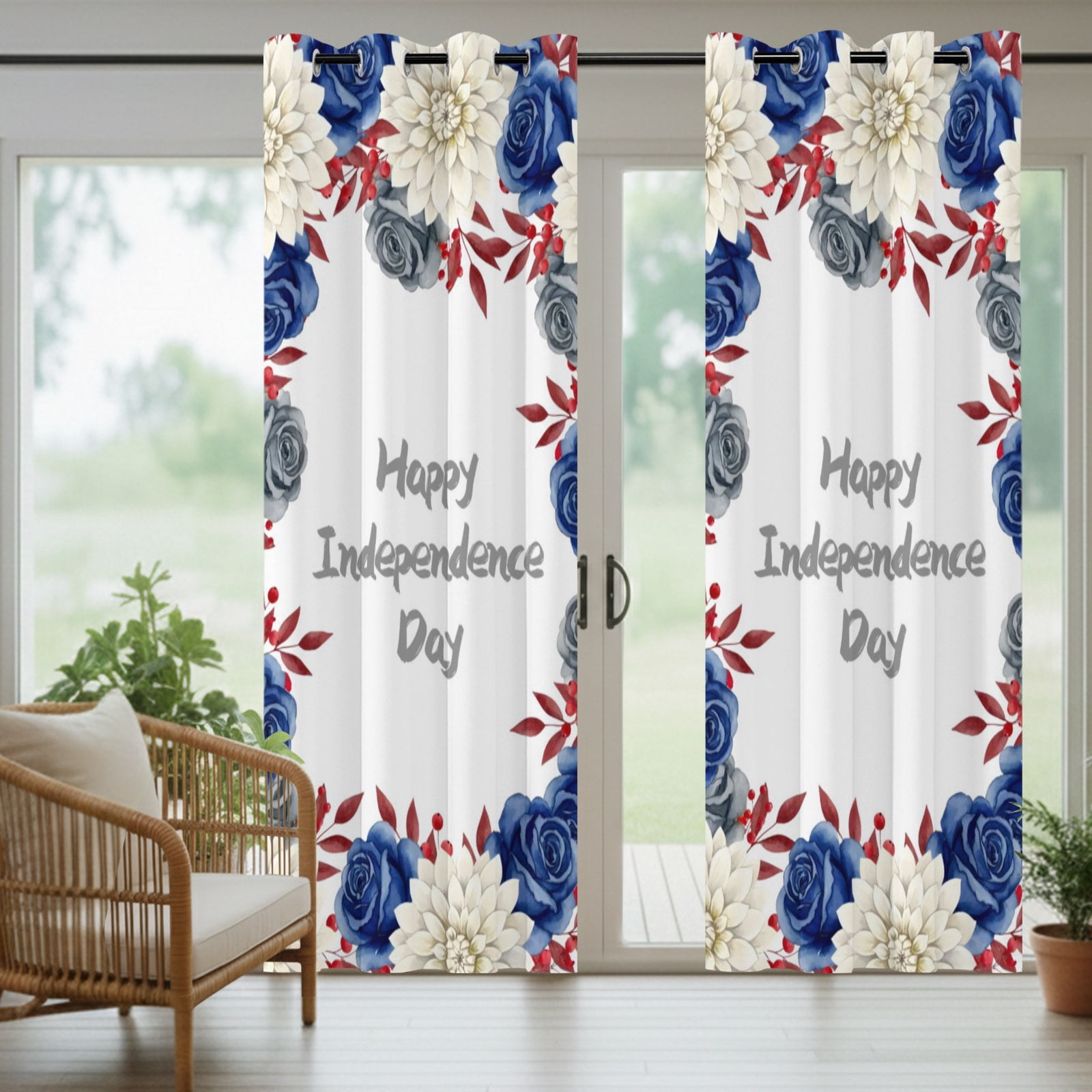 Happy Independence Day Outdoor Curtains for Patio, Red Blue Rose Dahlia Flower Sunshade Privacy Drapes Grommet Waterproof Outside Curtains for Porch/Cabana/Balcony 54"x 108", 1 Panel