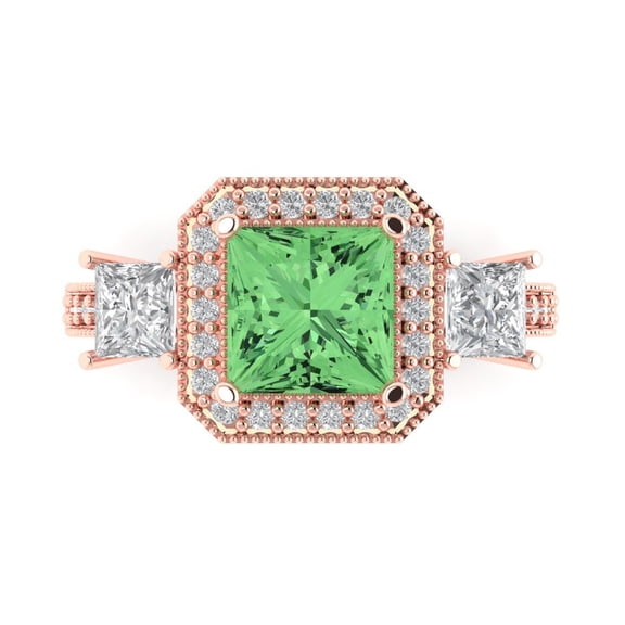 Three-Stone Engagement Ring for Women - 3.005ct Simulated Green Diamond in 14K Rose Gold Promise Ring