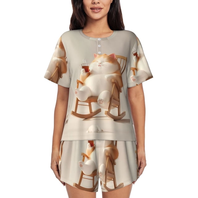 Fotbe Relaxing Cat With Tea Conjunto de Pijama Estampado para Mujer, 2 Piezas, Ropa de Dormir con Camiseta de Manga Corta y Shorts Suaves-Medium