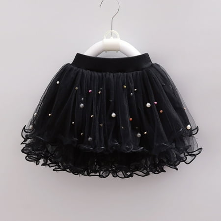 

jsaierl Toddler Girls Cute Party Dance Costume Splice Solid Color Net Yarn Crimping Pearl Sequins Tulle Skirt