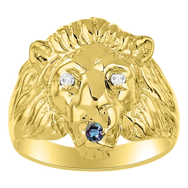RYLOS Rings Gold Plated Silver Lion Head Ring Diamonds in Eyes & Gemstone Mouth Fun Designer Rings Alexandrite Jewelry Size 13