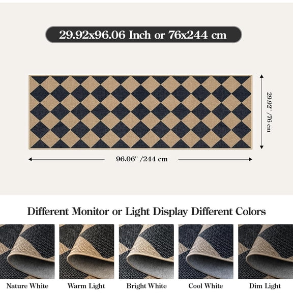 Checkered Easy Jute Runner Rug, 2'6" x 8' Black/Checkerboard Non-Slip Washable Outdoor Carpet for Entryway Indoor