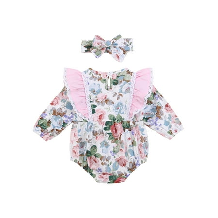 

Yinyinxull Infant Newborn Baby Girl Romper Flower Lace Ruffle Jumpsuit Playsuit Long Sleeve Autumn Clothes Pink 6-12 Months