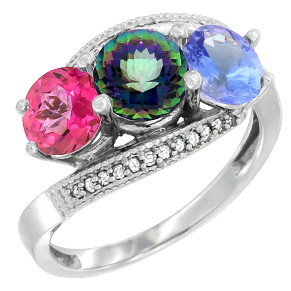 14K White Gold Natural Pink Topaz, Mystic Topaz & Tanzanite 3 stone Ring Round 6mm Diamond Accent, size 5 by Gabriella Gold