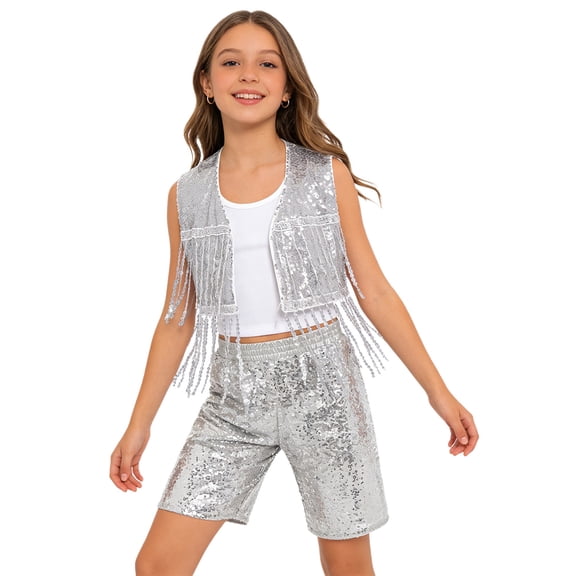 SiiRoh Boys Girls Sequin Jazz Dance Outfits Sleeveless Fringe Vest Top with Shorts Hip Hop Disco Theme Party Wear Silver 14