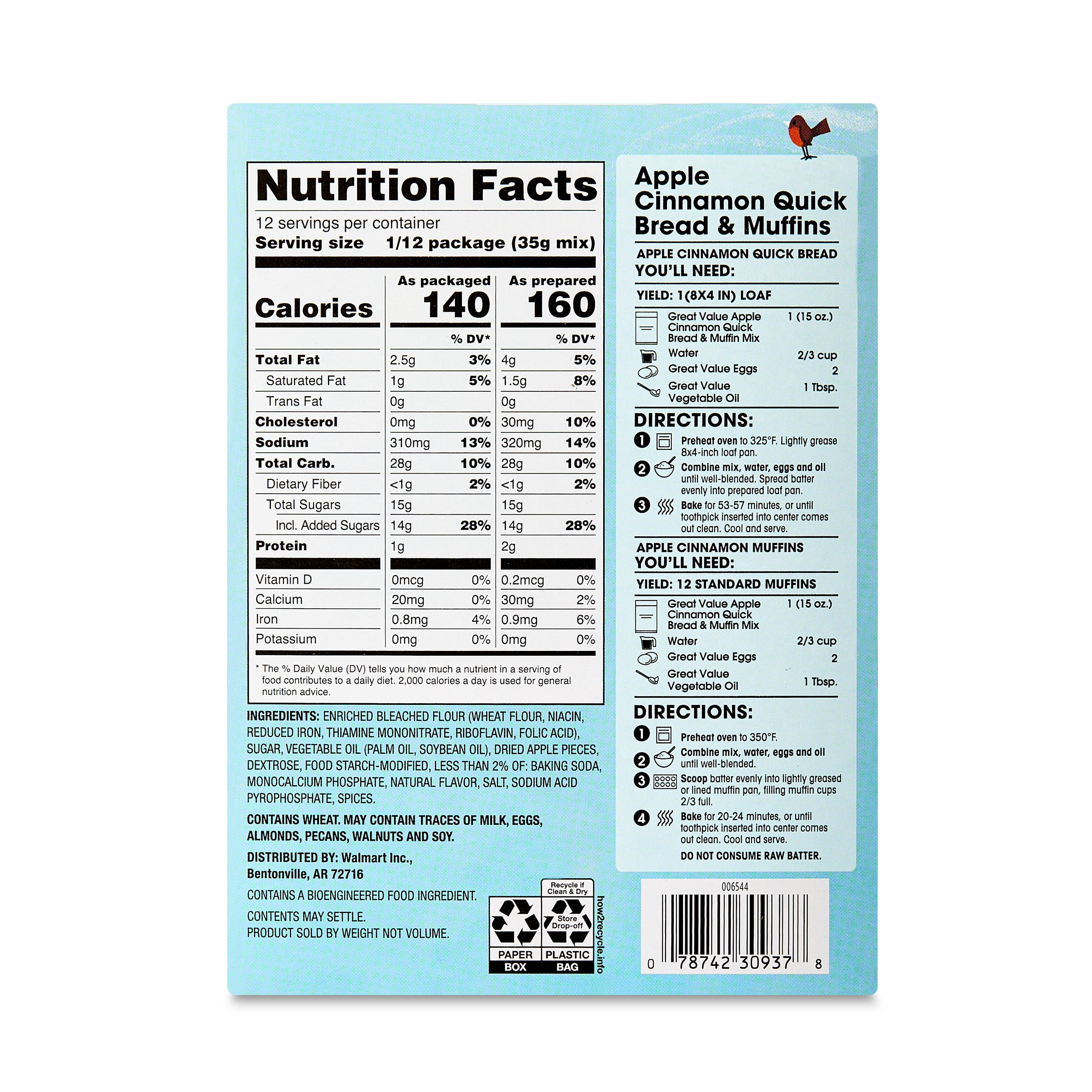 Great Value Apple Cinnamon Quick Bread and Muffin Mix, 15 oz Box