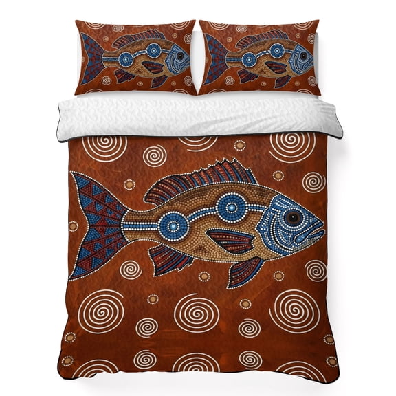 Quilts King Size Bedding Set, Southwest Tribal Lightweight Quilted Comforter, Vintage Rustic Fish Motifs Wooden Texture Reversible Bedspread Coverlet with Pillow Covers for All Season, 96" x 106"