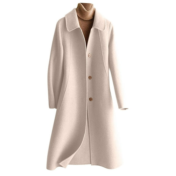Herrnalise Long Wool Coats for Women Double Breasted Vintage Fall Winter Pea Coat Jackets Beige,L