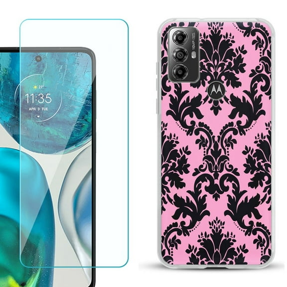 OneToughShield ® for Motorola Moto G Play 2023 Shockproof Fashion Phone Case, with Tempered Glass Screen Protector - Victorian Pink/Black