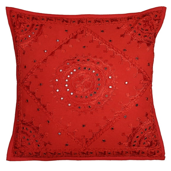 Stylo Culture Indian Sofa Throw Pillow Cover 24 x 24 Big Hand Embroidered Red Bohemian 60cm x 60cm Home Decor Cotton Mirrored Square Cushion Cover | 1 Pc