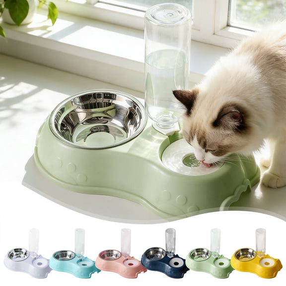 Stainless Steel Pet Food Water Bowl 2-in-1 | Automatic Water Dispenser, Non-Slip, Easy Clean, 13.8"x6.1" | For Small Medium Dogs & Cats, Multiple Colors