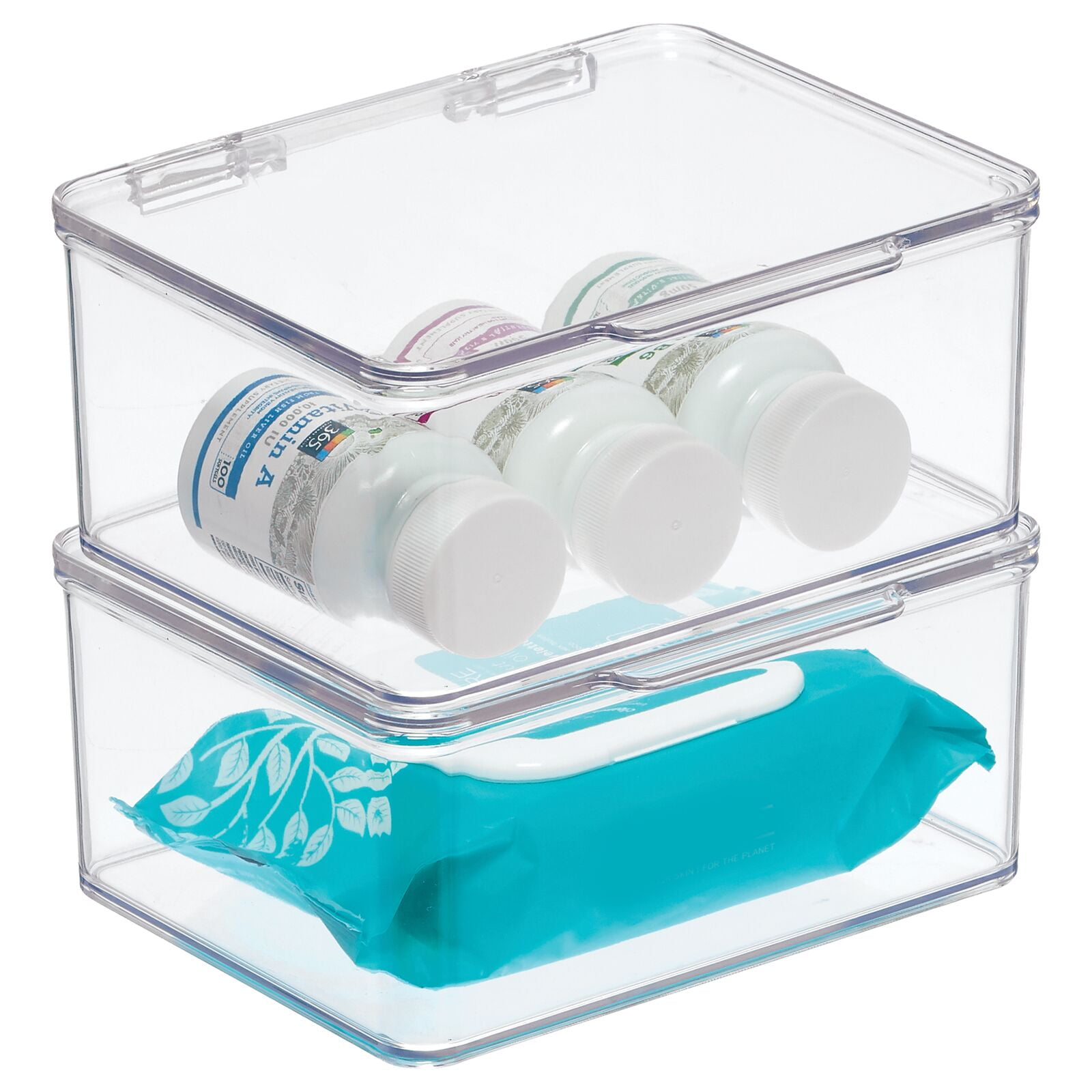 mDesign Plastic Bathroom Stackable Storage Organizer Box w/ Hinged Lid for Closet, Shelf ...