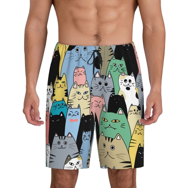 Balery Different Cats Pantalones cortos de pijama de punto de algodón para hombre con cinturilla y bolsillos-3X-Large