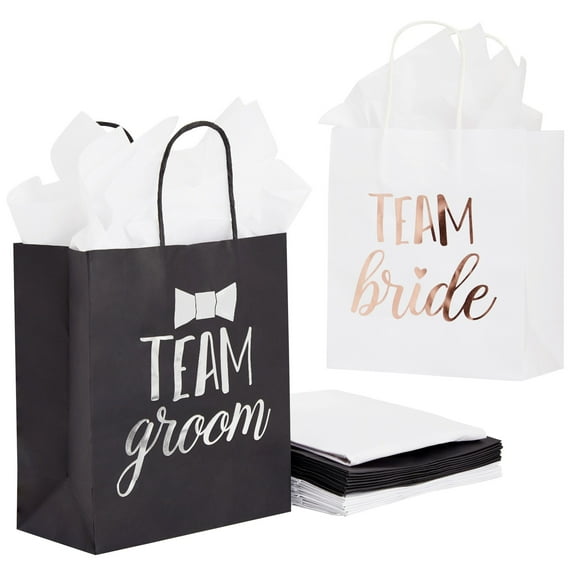 Juvale 20 Pack Bride and Groom Gift Bags with Tissue Paper for Wedding, Groomsmen, Bridesmaid, Reads Team Bride and Team Groom (8 x 4 x 9 In)