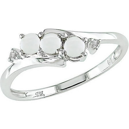 1/5 Carat T.G.W. Opal and Diamond-Accent 10kt White Gold Three Stone Ring