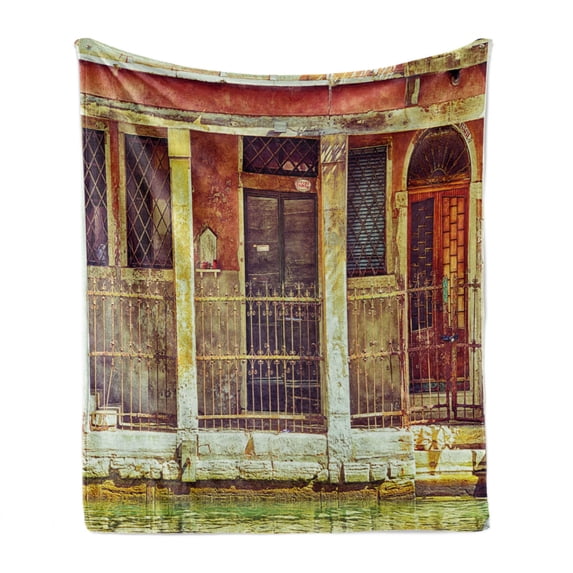 Venice Soft Flannel Fleece Blanket, Desolated Aged Timeworn Italian Building and Water Canal Vintage Historical, Cozy Plush for Indoor and Outdoor Use, 60" x 80", Orange Brown Green, by Ambesonne