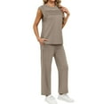 thumbnail image 5 of 2 Piece Sets for Women Summer Lounge Sets Travel Vacation Outfits Cap Sleeve Sweatsuit Wide Leg Pants Khaki 2XL, 5 of 6