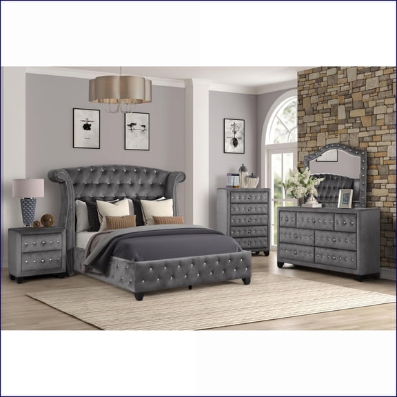 Bedroom Furniture Set, Queen 5-Piece Modern Wood Acacia Gray with Crystal Tufted Accents | Gray | Wood