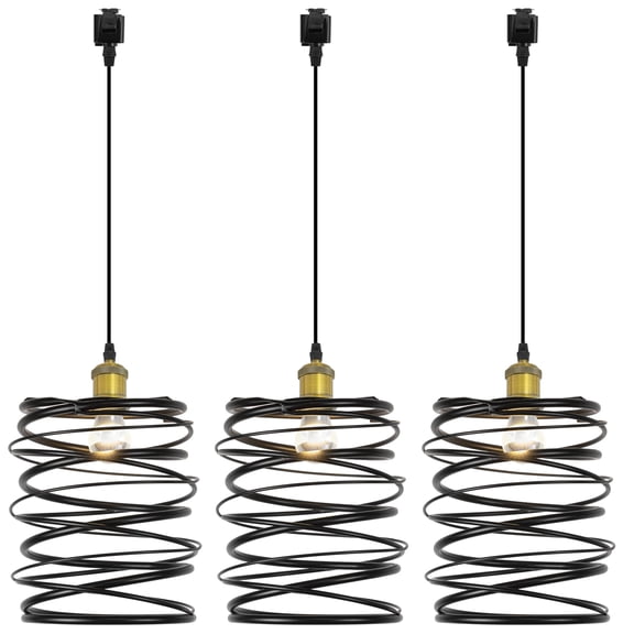 Kiven J-Type track lighting pendants,Industrial J track pendant lights with Iron Guard Lampshade,Farmhouse Track Lighting Fixture for Kitchen Island Hallway Cafe,Gold(3 pack)