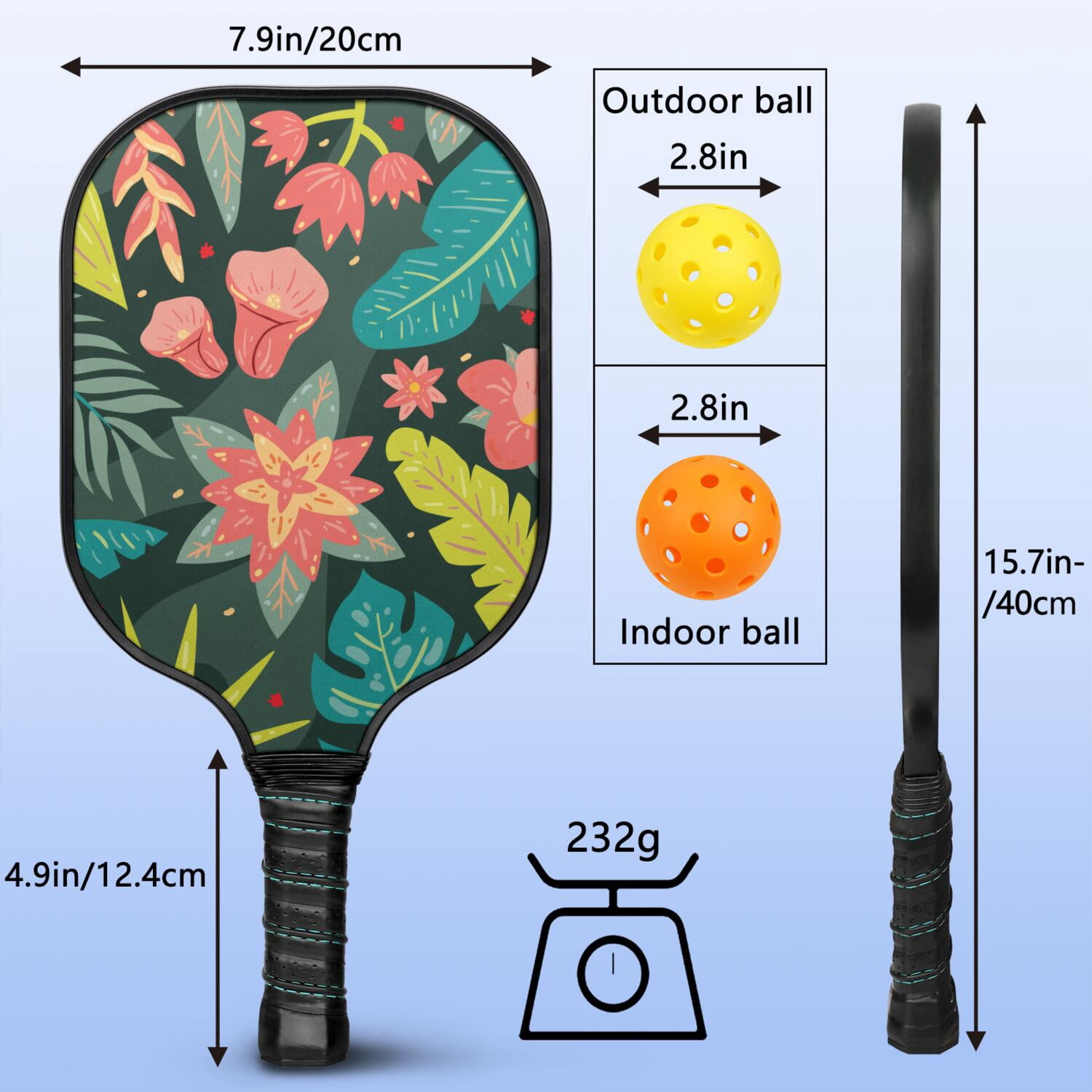 Pickleball Paddles Set Of 2, Fiberglass Surface, Tropical Jungle Print, 4 Balls & Bag