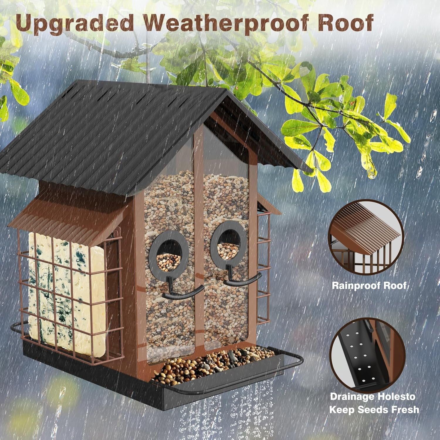 Bird Feeders for Outdoors, Metal Bird Feeder with Double Suet Cage Weatherproof Metal Roof, 2 in 1 Mixed Seeds Suet Feeder, 4Lbs Large Capacity, Great for Finch、Cardinal、Chickadee（Green）