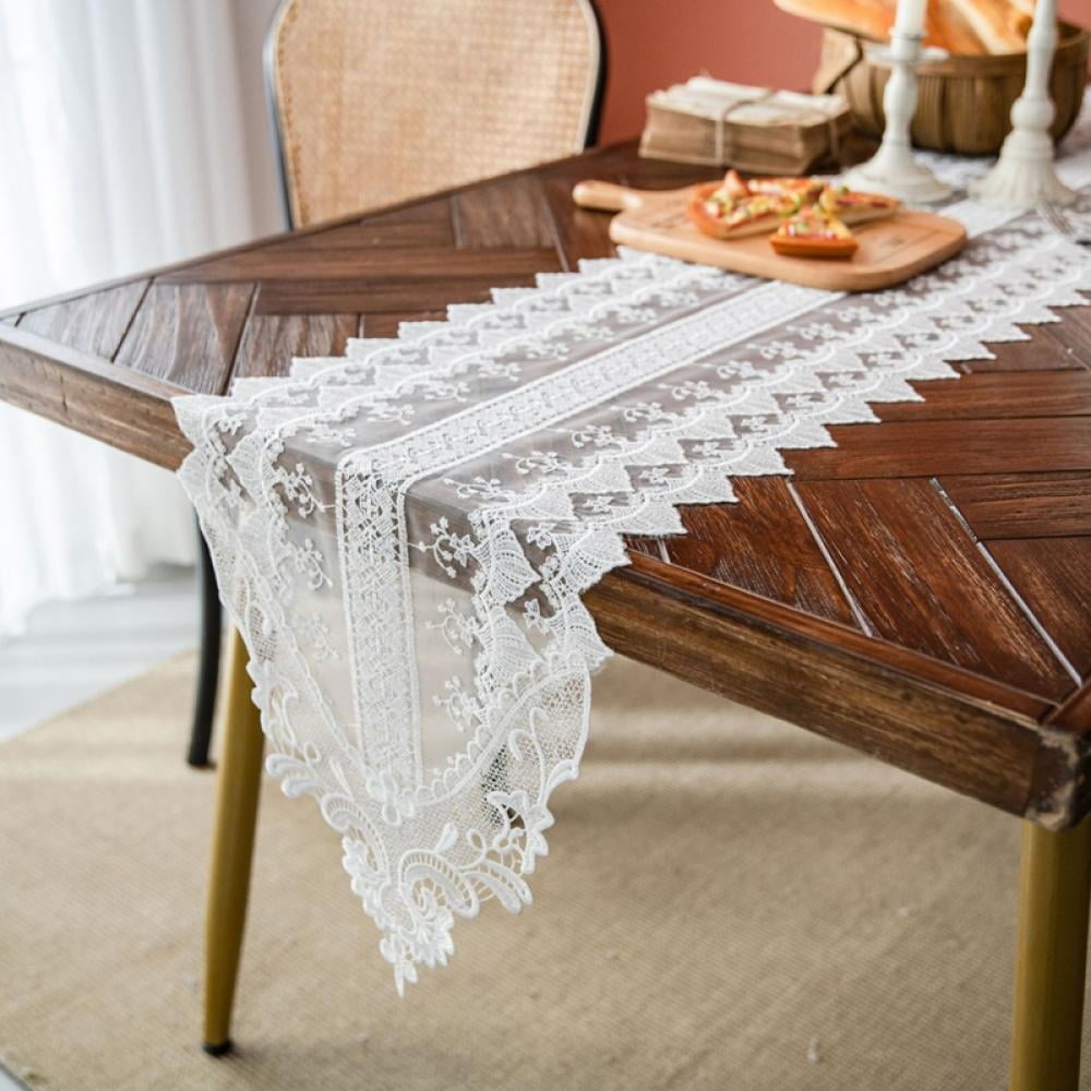 Dresser Scarf Delicate White Trim Lace Table Runner 54" Estate Design 