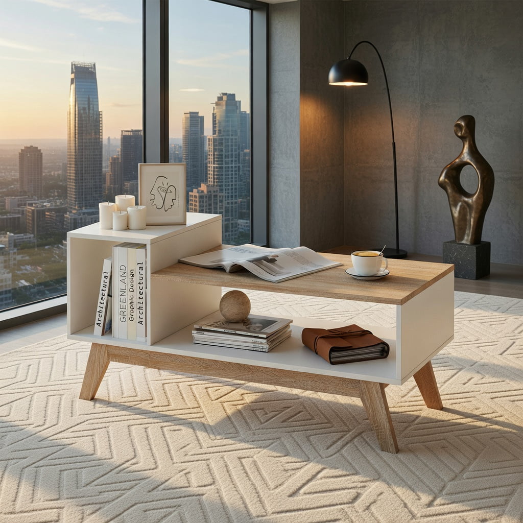 GVN 43 Inch Coffee Table with Stepped Tabletop Design, Storage Compartments for Living Room, Lounge, Family Room Center Furniture Piece, White