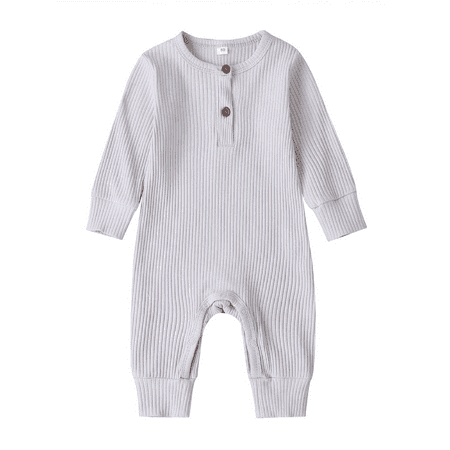 

Inevnen Baby Boy Girl Button Romper One Piece Long Sleeves Solid Color Knit Ribbed Jumpsuit