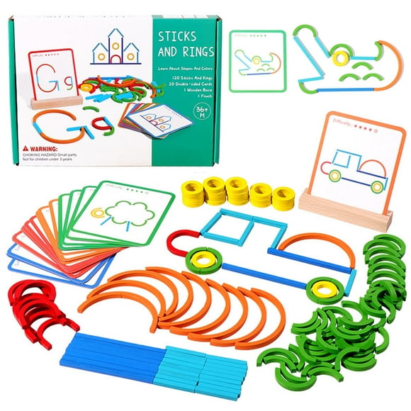 Palos y anillos de construcción con forma de rompecabezas, juego de construcción de letras, bloques de patrones de madera, juguete de tallo, juegos educativos de aprendizaje, juguetes Montessori para