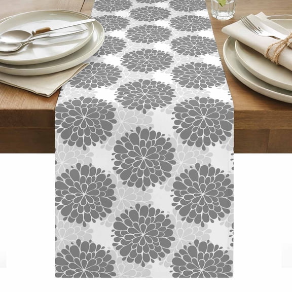 Grey Dahlia Table Runner - 120 Inch Long, Kitchen Dining Table Runner Dresser Scarves, Vintage Rustic Gray Flowers Farmhouse Floral Farmhouse Decor for Coffee Tables Wedding Party Banquet