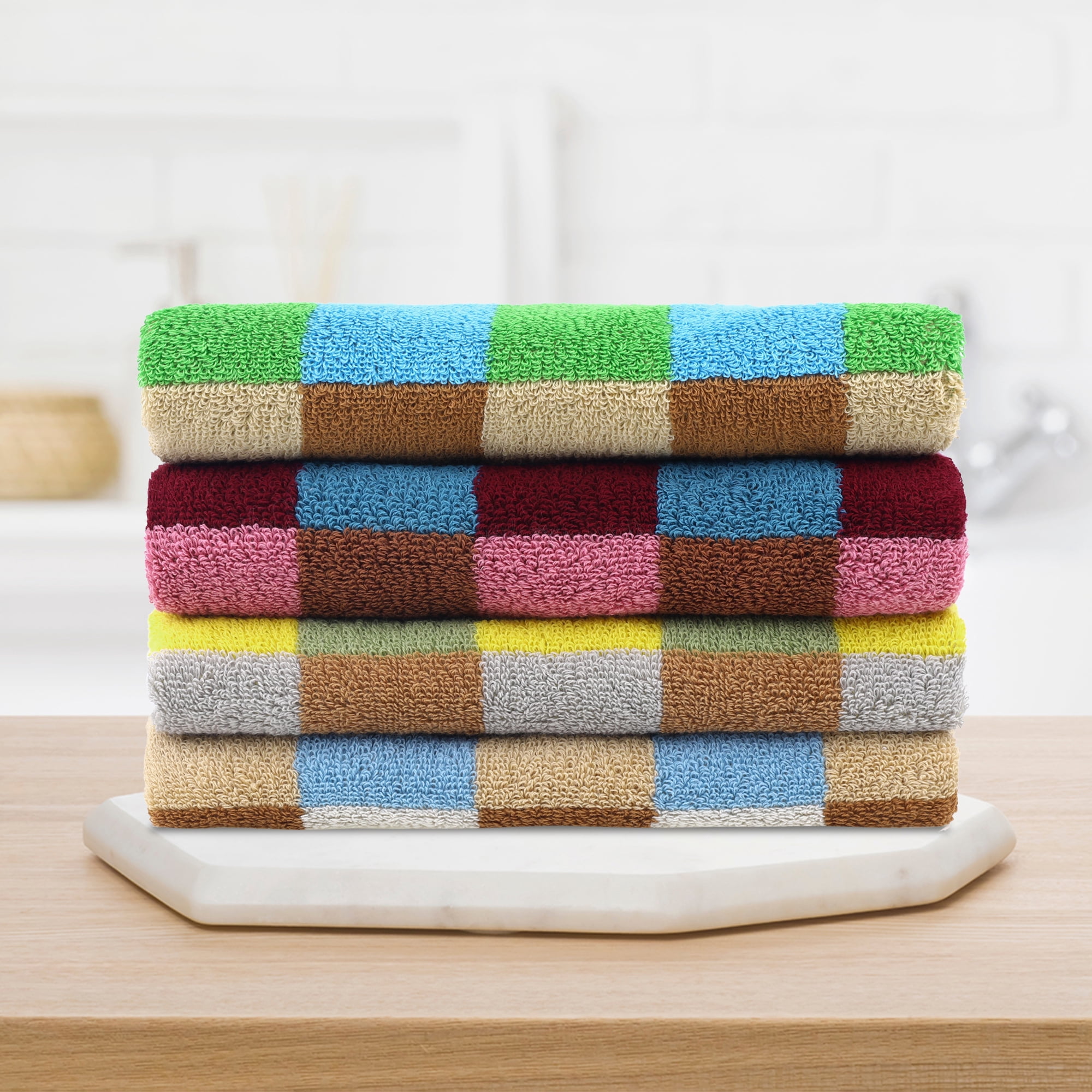 Unique Bargains Checkered Cotton Hand Towels for Bathroom, Kitchen Blue Brown 2-Piece
