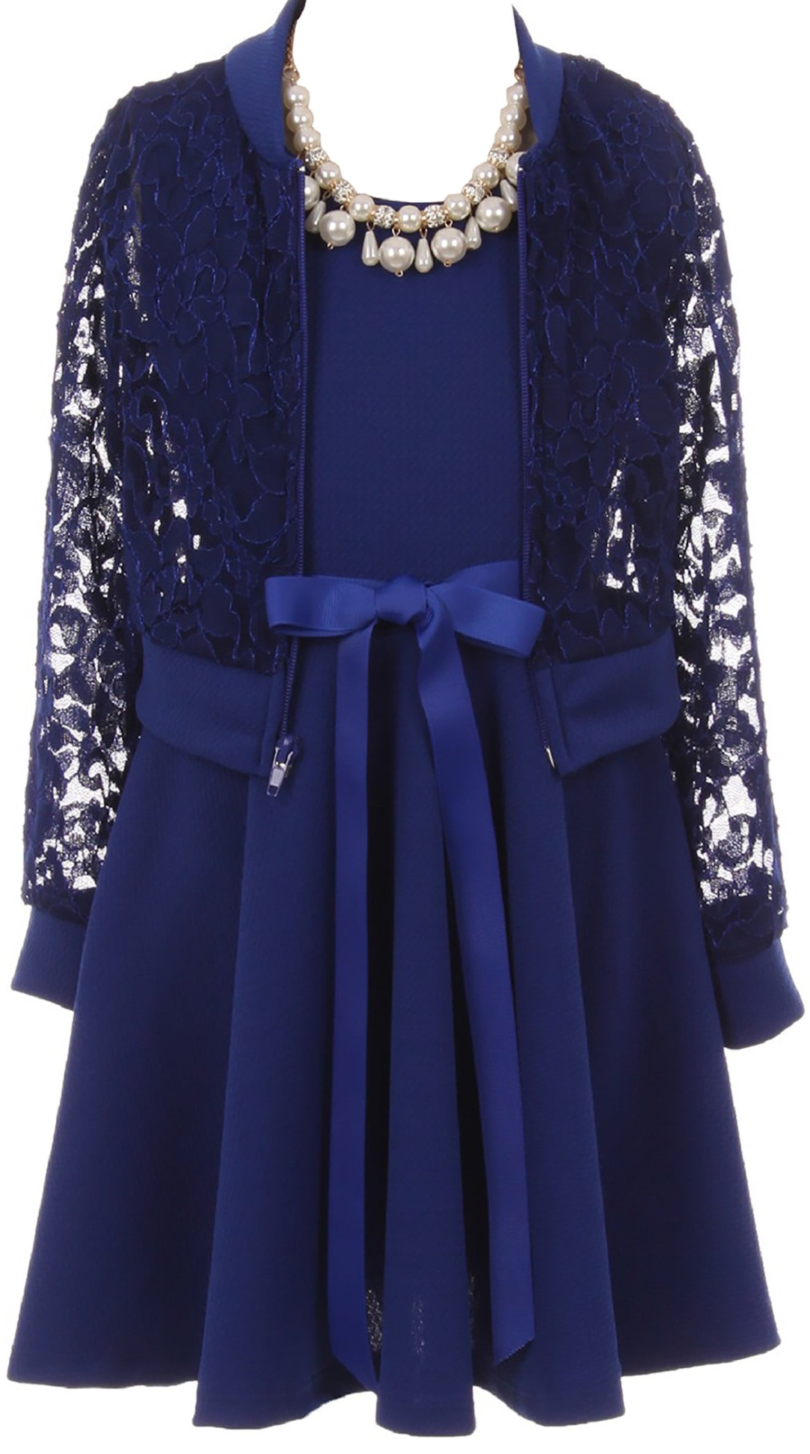 Little Girls Beautiful 3 Pieces Lace Jacket Dress Necklace Set Flower