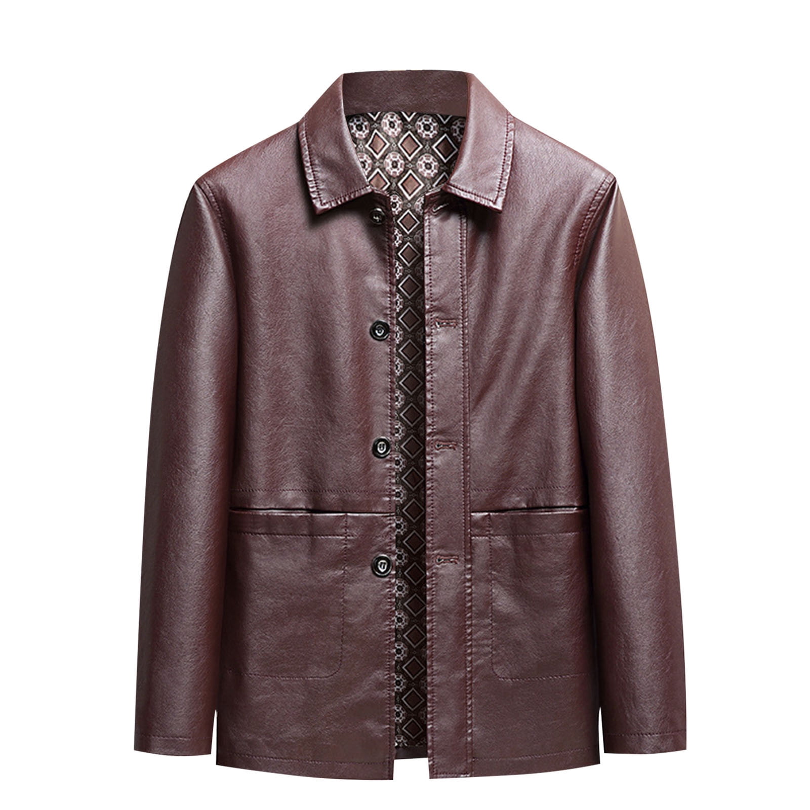 COSFO Button Down Jackets for Men Winter Solid Faux Leather Jacket Long Sleeve Casual with Pockets Loose Business Mens Coats