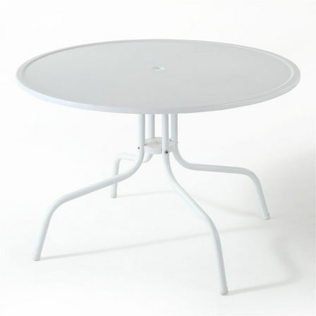 39" Round Outdoor Dining Table - White Metal Patio Table w/ Umbrella Hole - 23.4"H