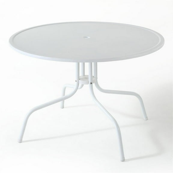 39" Round Outdoor Dining Table - White Metal Patio Table w/ Umbrella Hole - 23.4"H