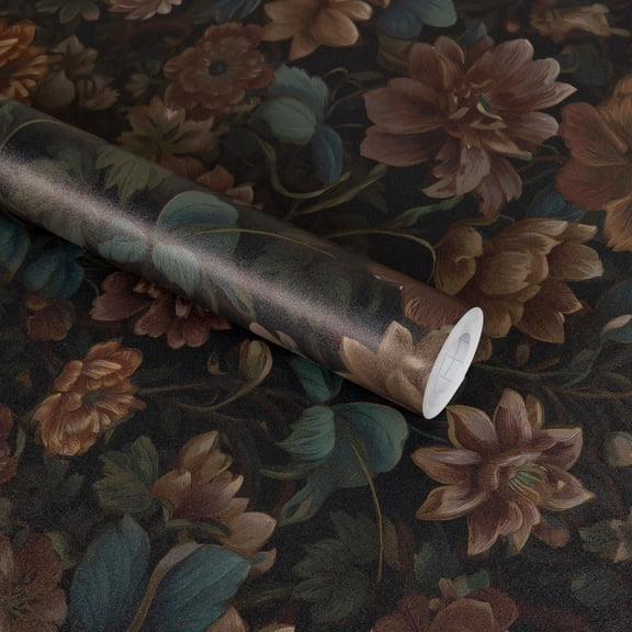 Abyssaly Floral Wallpaper Peel and Stick 17.3"×118" Floral Black Wallpaper Vintage Self Adhesive Textured Contact Paper Home Decor Wall Covering Old Furniture Renovation