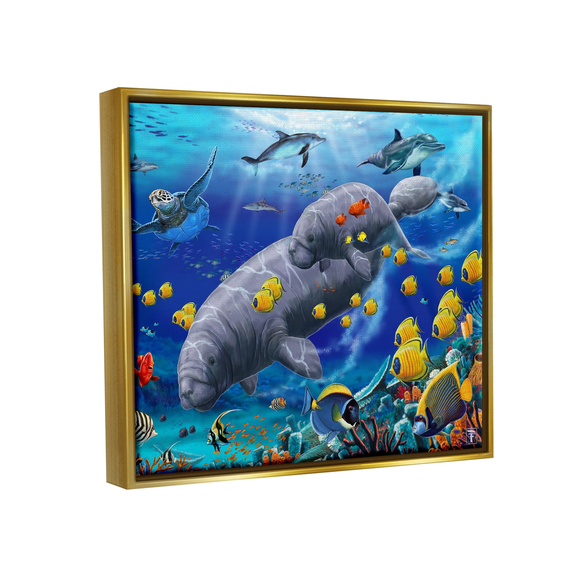 Stupell Industries Manatees & Fish Swimming Coastal Painting Gold Floater Framed Art Print Wall Art